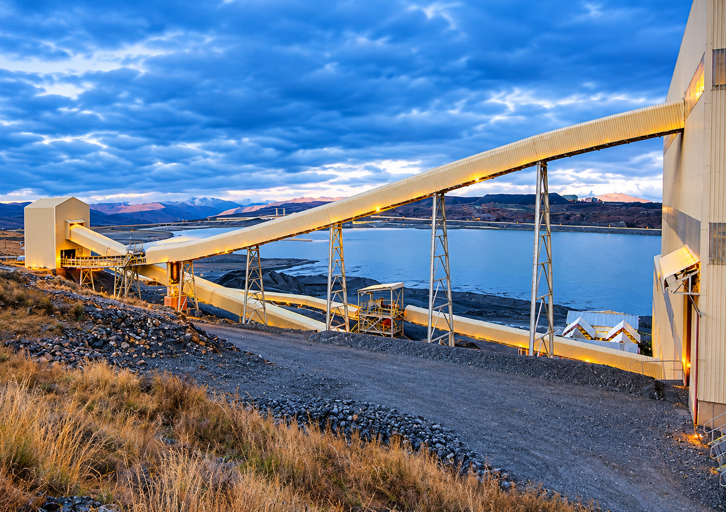 Overland conveyor system at Letseng Diamonds at dusk