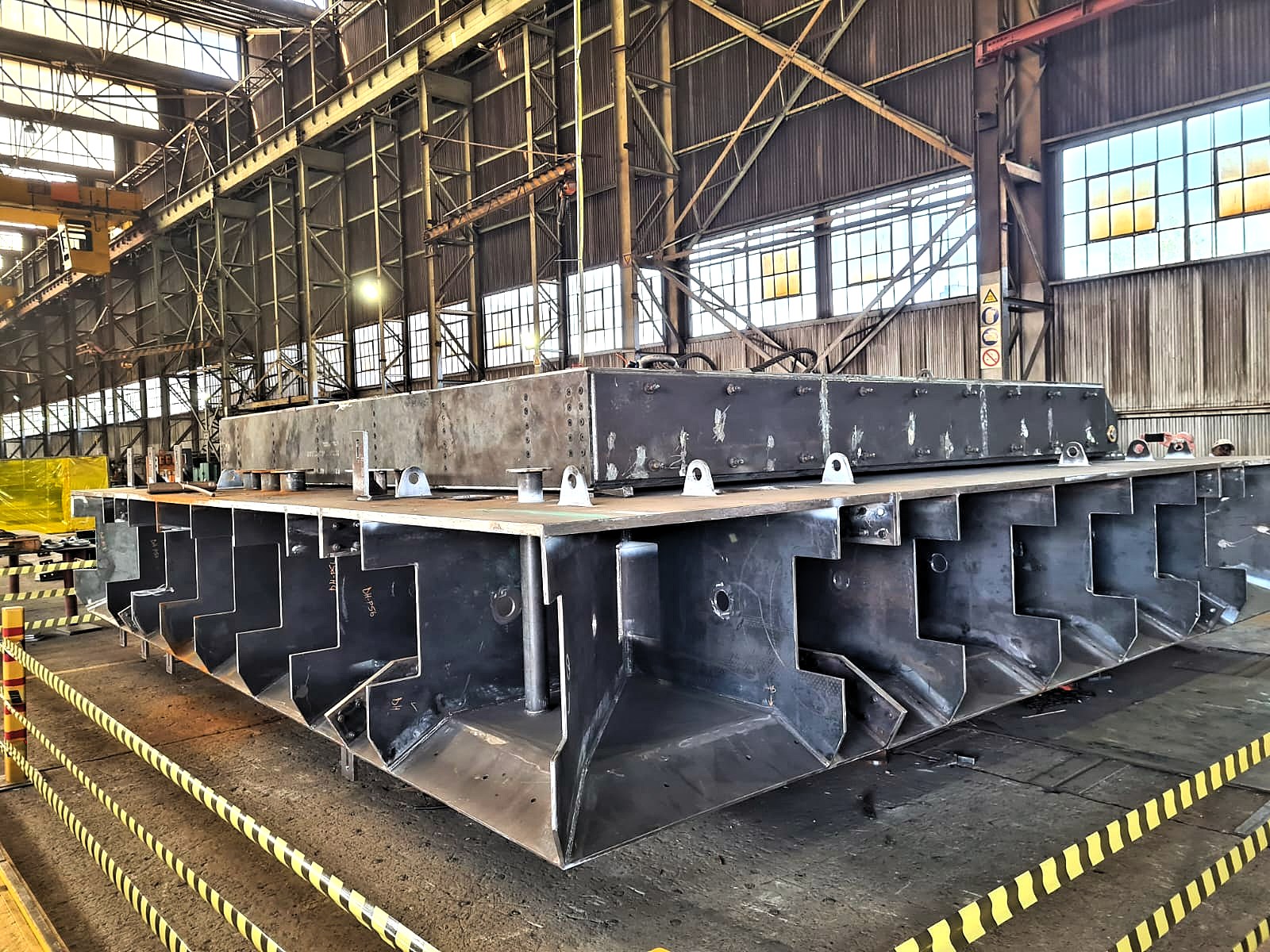 Large structural steel fabrication in a workshop