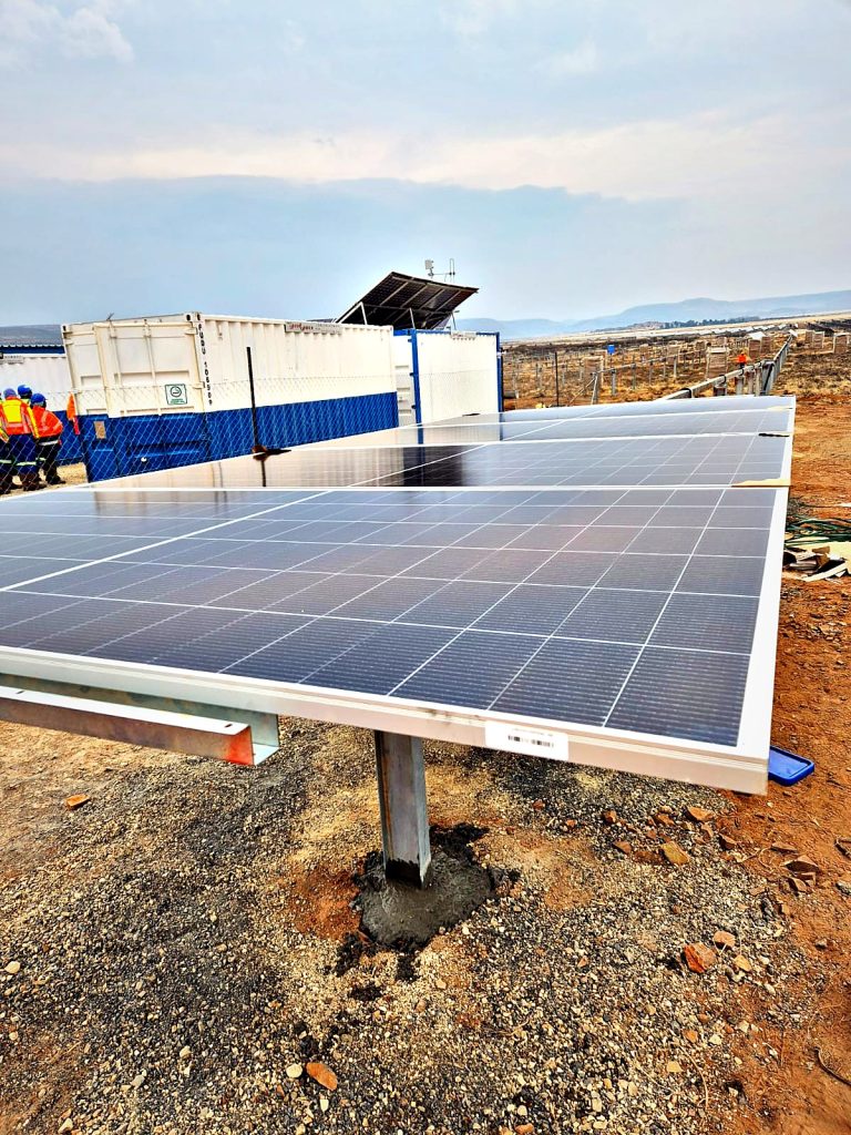 Mooiplaats solar PV project: Solar PV modules installed on a steel pile with concrete footing at the Mooiplaats solar PV plant