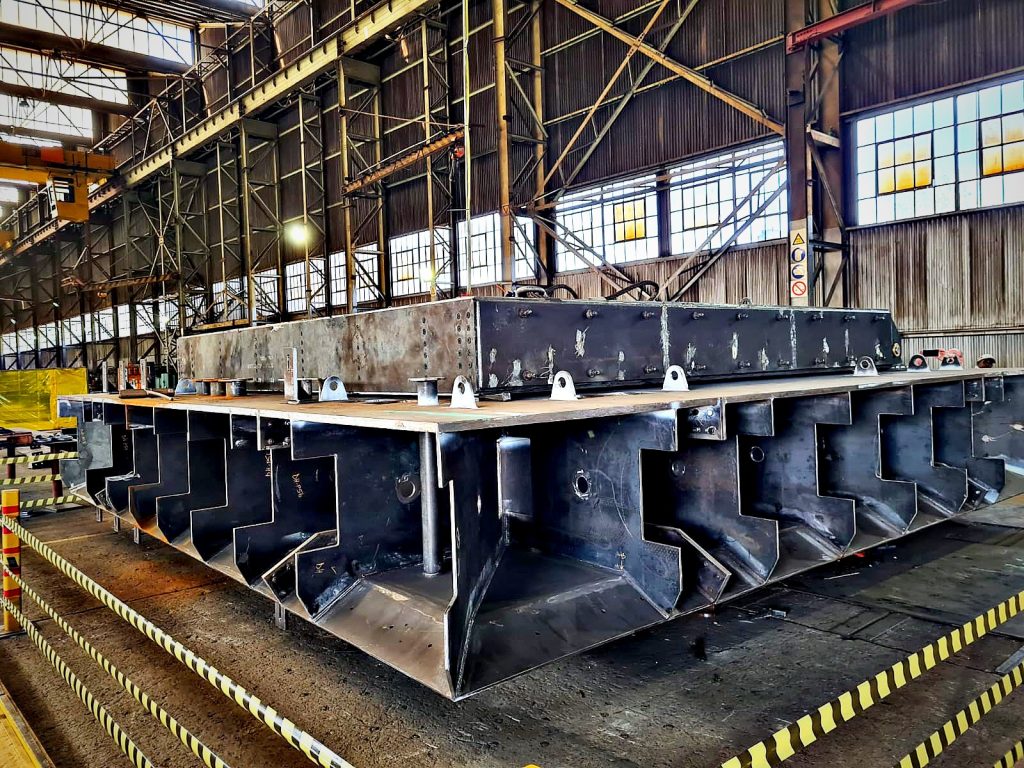Large structural steel fabrication in a workshop
