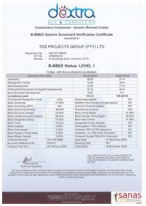 TDS Projects Group B-BBEE Level 1 verification certificate issued by Dextra BEE & Consulting